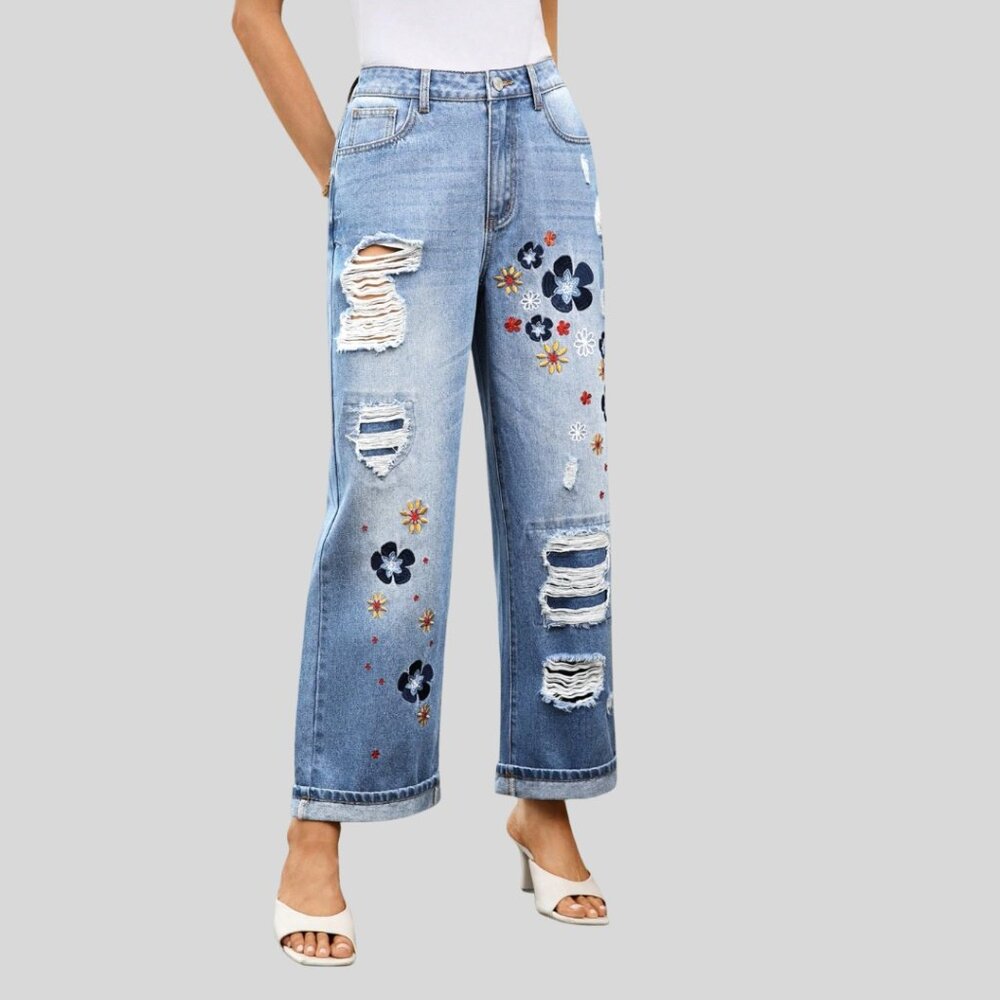 LAST ONE 🔥 Distressed Embroidered High Waist Mom Ankle Jeans Blue - Picture 3 of 9